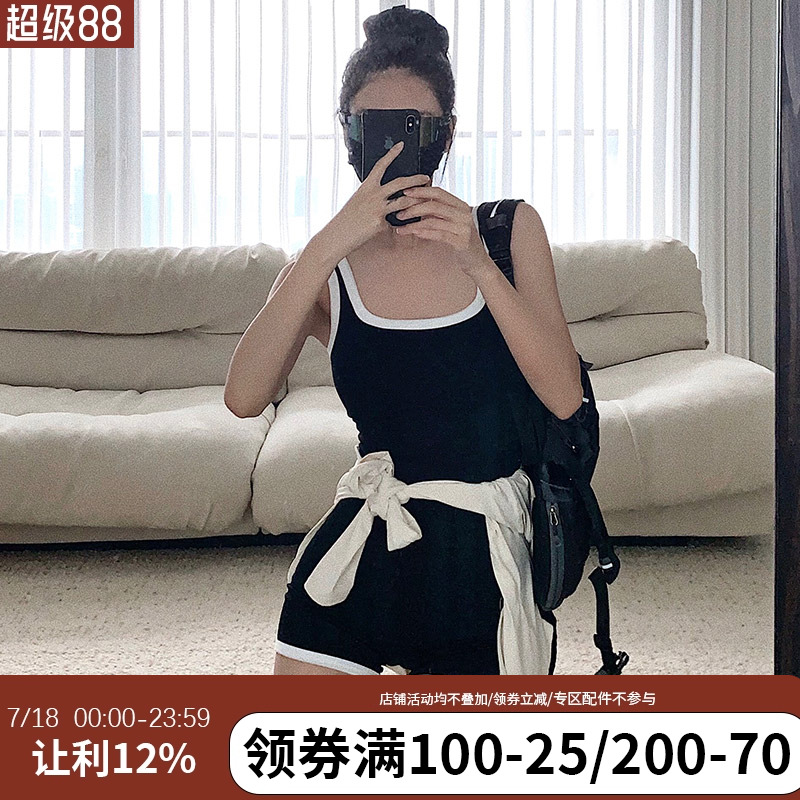 annerun撞色瑜伽服女高弹修身裸感带胸垫连体衣舞蹈运动健身服