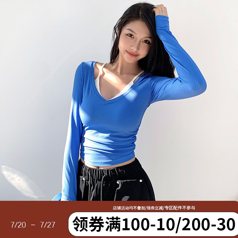 annerun紧身瑜伽T恤女上衣女带胸垫假两件跑步运动长袖缩褶健身服