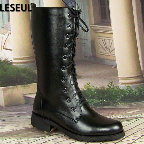 leseul系带马丁靴真牛皮骑士马靴