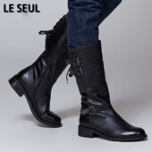 Leseul西部风头层牛皮春秋冬高筒马靴男黑色系带骑士长靴圆头英伦