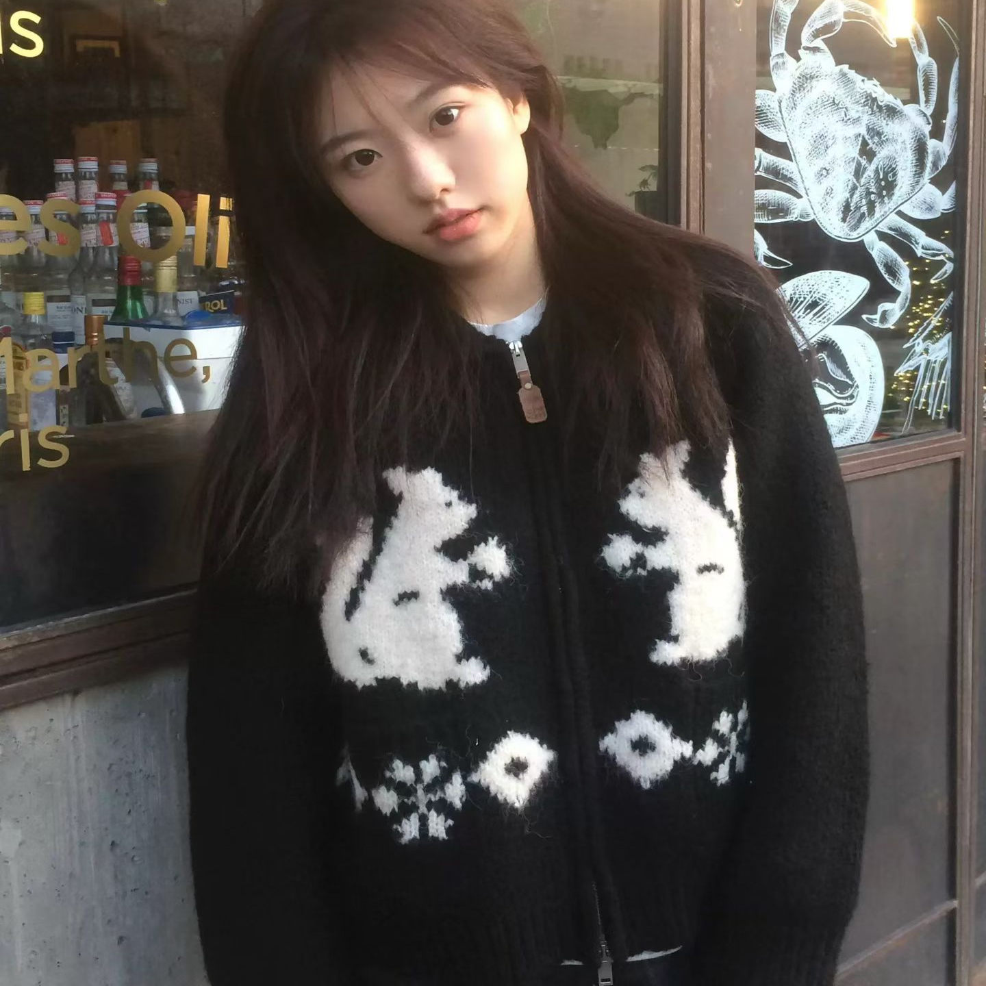 圣诞风小松鼠提花针织开衫女秋冬