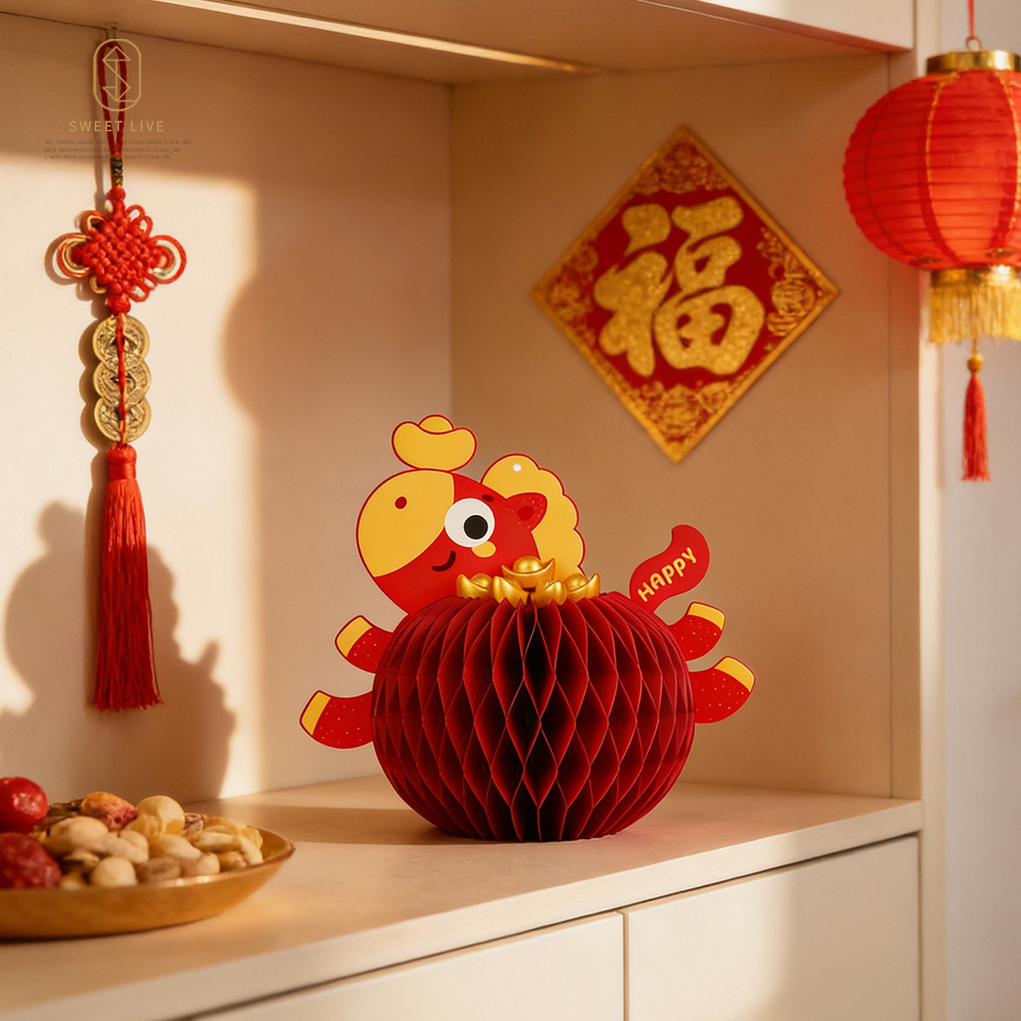 卡通风生肖马装饰用品红色小马造型DIY手工蜂窝纸装饰摆件