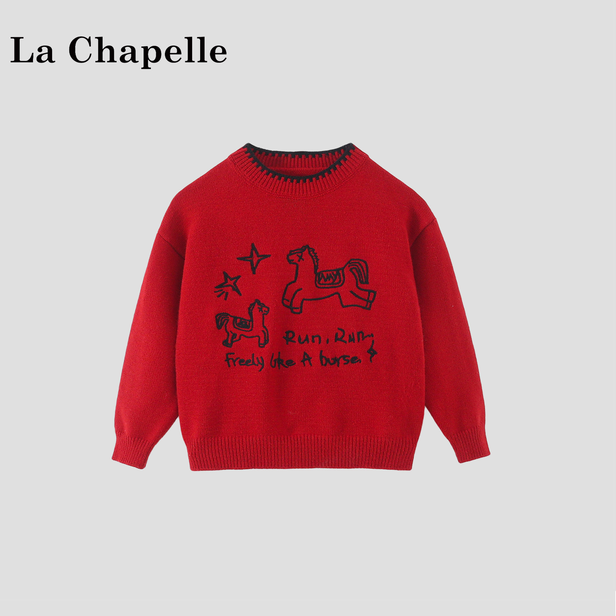 拉夏贝尔童装女童圆领毛衣2026春装新款儿童打底衫红色新年针织衫