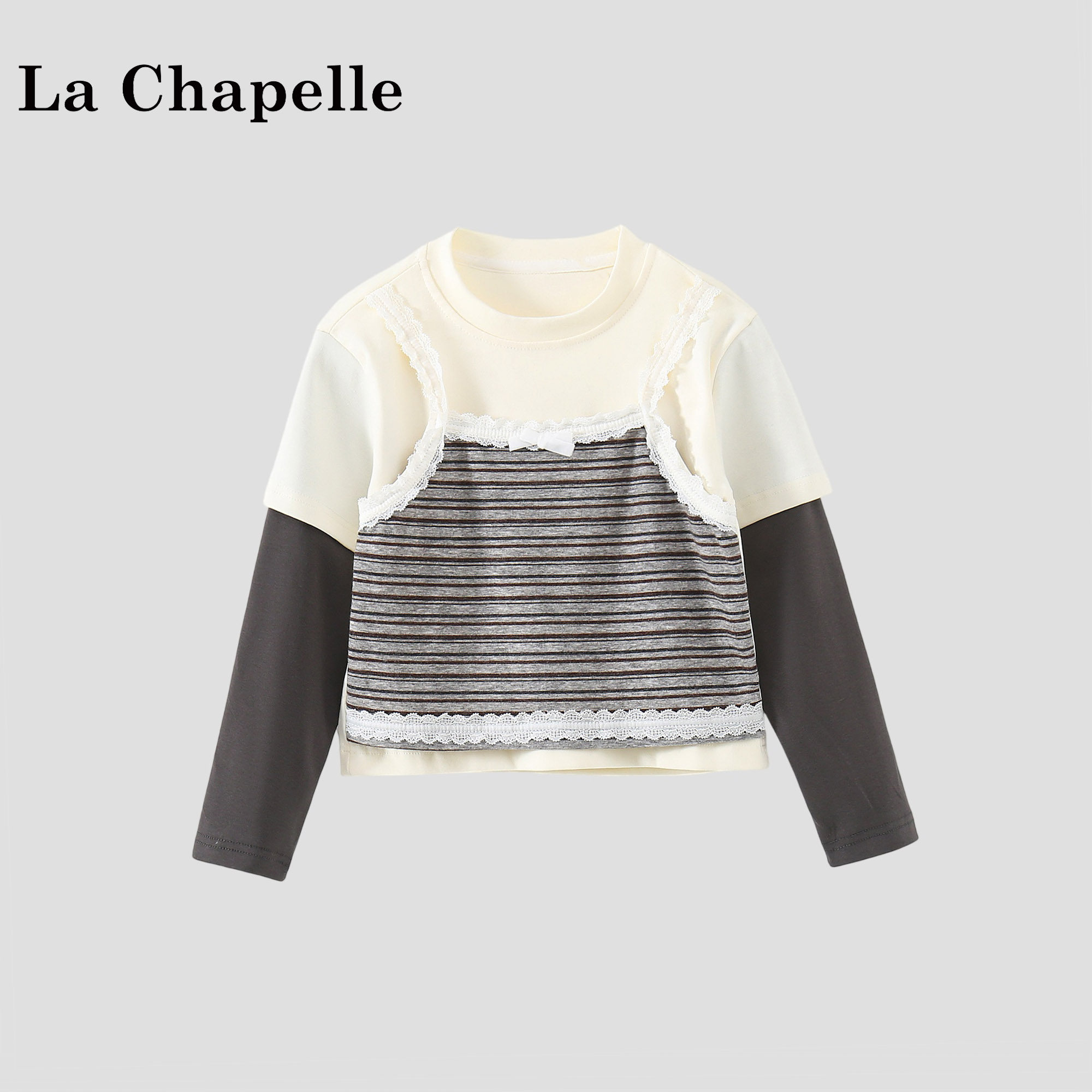 拉夏贝尔童装女童假两件长袖t恤2026新款打底衫儿童条纹春装上衣