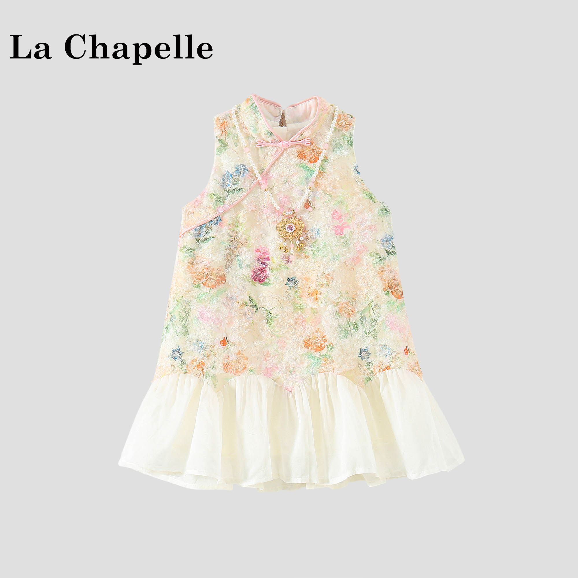 拉夏贝尔女童新中式碎花连衣裙夏