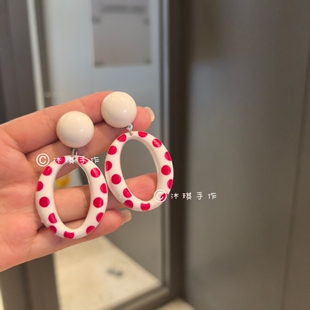 沐琪手作复古红色波点大圆圈耳饰气质80年代港风少女耳钉耳夹