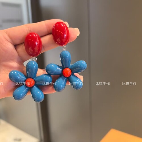 （满9.9包邮） 韩系撞色蓝花耳环2025新款小众设计感甜美耳饰耳夹
