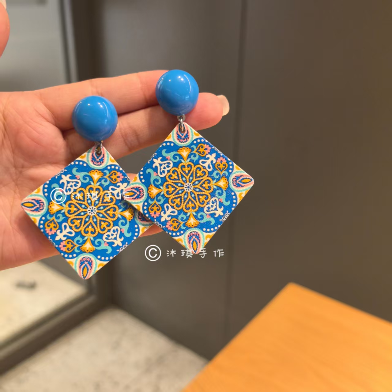 沐琪手作 原创小众设计港风复古菱形耳坠国潮民族风耳环无洞耳夹