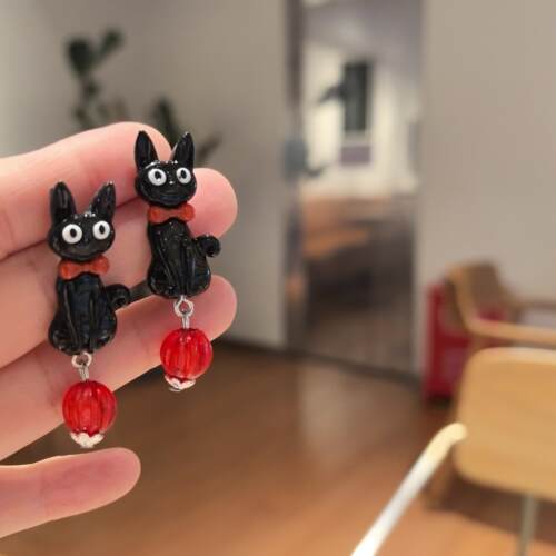 手作可爱卡通小黑猫耳环少女甜美童趣无耳洞耳夹