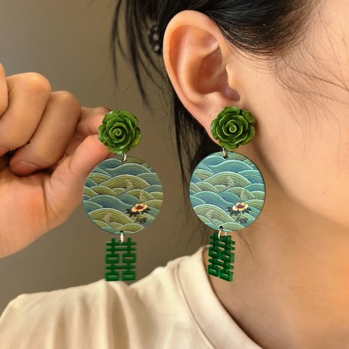 沐琪国风绿色花朵流苏圆形耳环