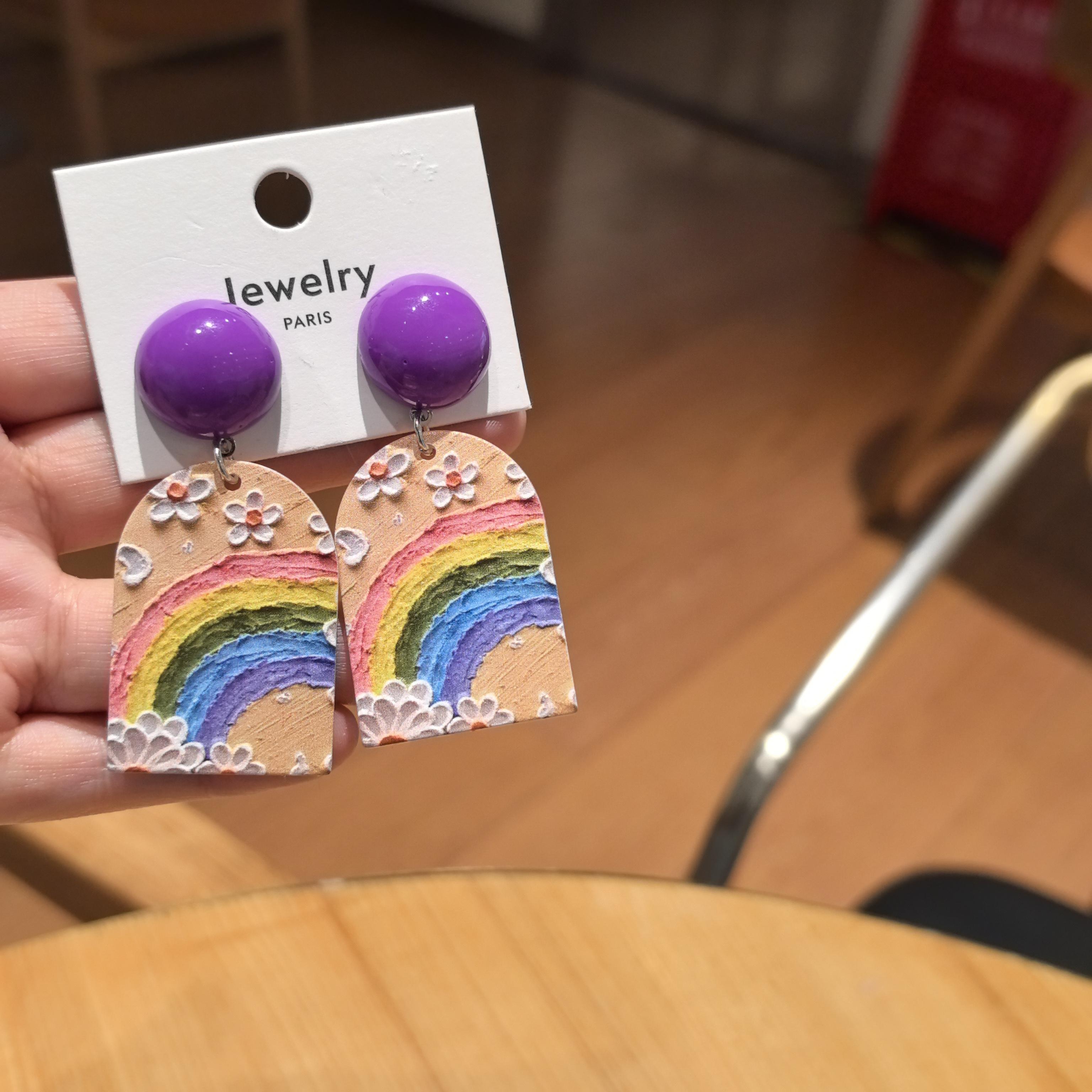 沐琪手作油画风复古风景画郁金香亚克力立体浮雕印花耳环