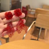 沐琪手作小众红色锦鲤耳环中国风新年耳挂夸张耳坠长款 无洞耳夹