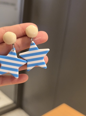 沐琪手作春夏小清新条纹五角星耳钉女气质蓝色耳环百搭耳夹