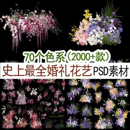 2000个常用白粉紫香槟绿色蓝色婚礼手绘小众花艺素材psd素材