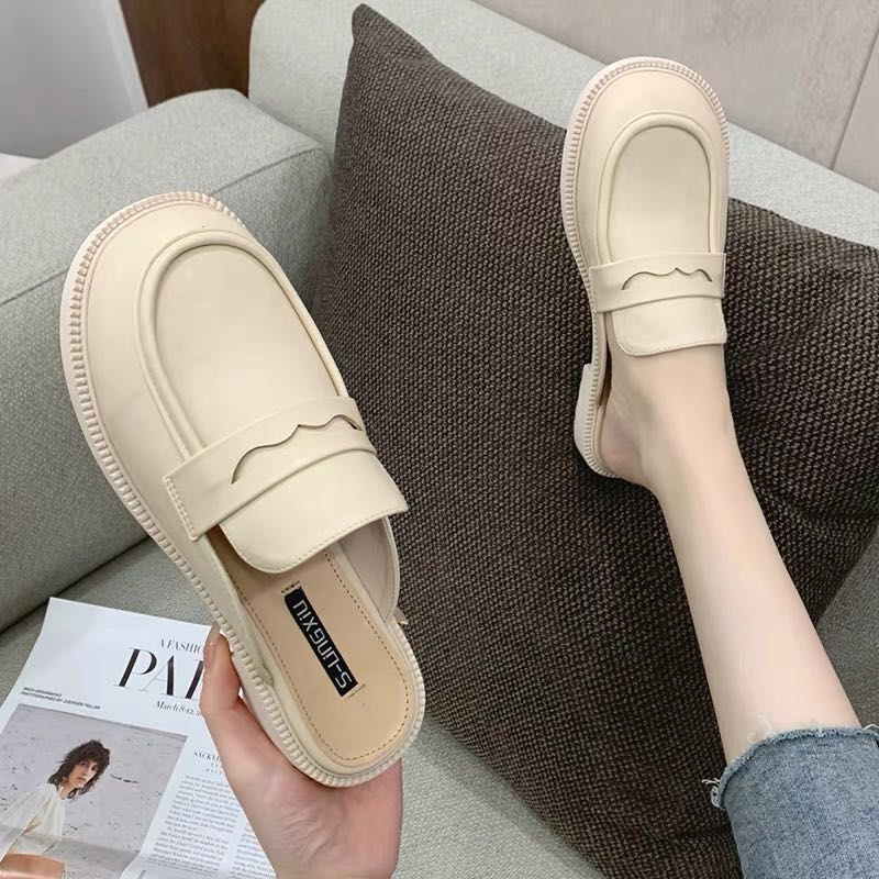 New leather half sole shoes thick bottom net red bag head half slippers women's summer wear flat bottom Muller sandals