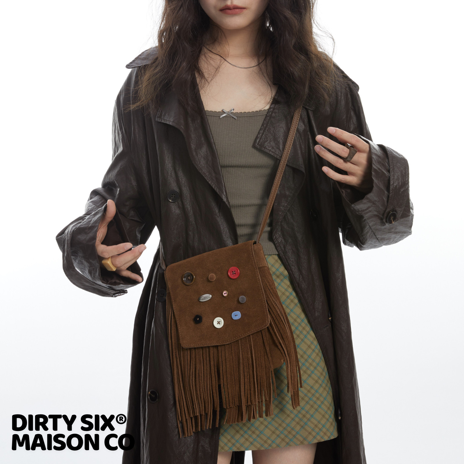 DirtySix 原创加州小马 嬉皮纽扣 牛皮流苏斜挎包 波嬉风BohoChic