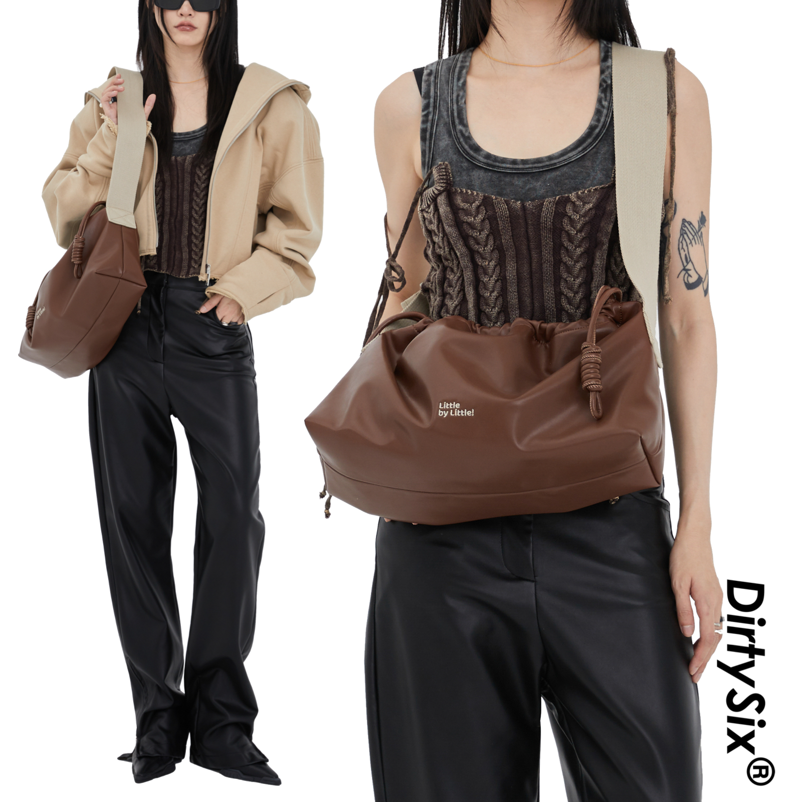 DirtySix原创宽肩带抽绳斜挎包