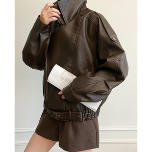 设计感美式 哑光PU皮翻领宽松外套保暖百搭 复古机车皮衣女秋冬新款