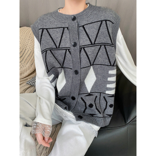 春秋新款 菱形格纹背心百搭显瘦叠穿通勤 针织马甲女灰色ins风韩版