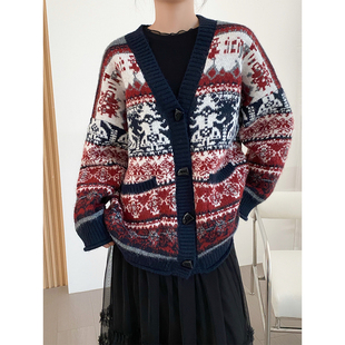 加厚费尔岛毛衣女中长款 外套 慵懒宽松复古北欧风高密羊毛针织开衫