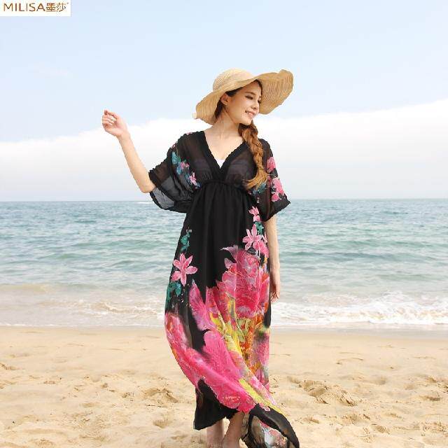 墨莎加长胖mm宽松显瘦海边度假连衣裙