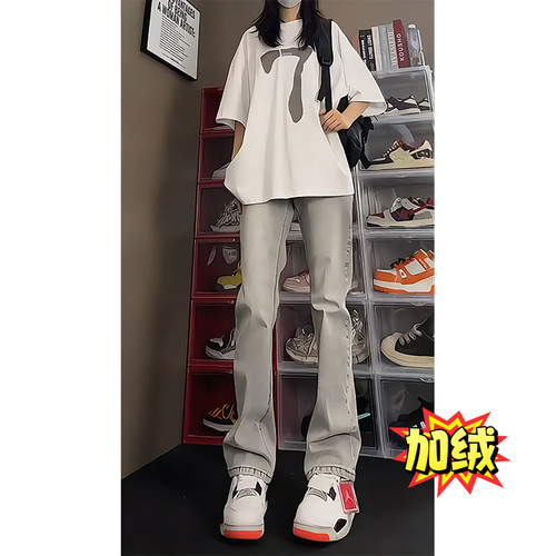 517烟灰色加绒微喇牛仔裤男秋冬美式高街Vibe学生柳叶弯刀裤怪兽