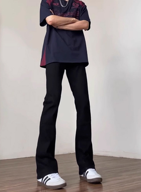 怪兽cleanfit弯刀牛仔裤黑色微喇裤男春秋美式vibe高街直筒裤加长