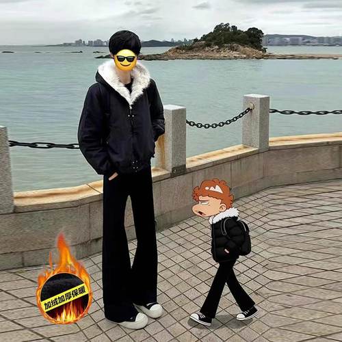 517黑色加绒微喇牛仔裤男25秋冬美式高街学生Vibe柳叶弯刀直筒裤