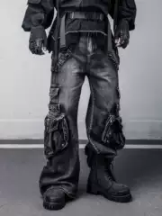 Niche Wasteland Style Heavy Duty 3D Multi-Pocket High Street Techwear Washed Punk Vibe Flared Cargo Jeans
