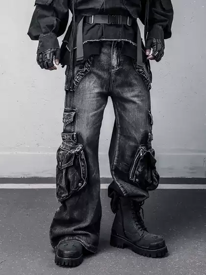 Niche Wasteland Style Heavy Duty 3D Multi-Pocket High Street Techwear Washed Punk Vibe Flared Cargo Jeans