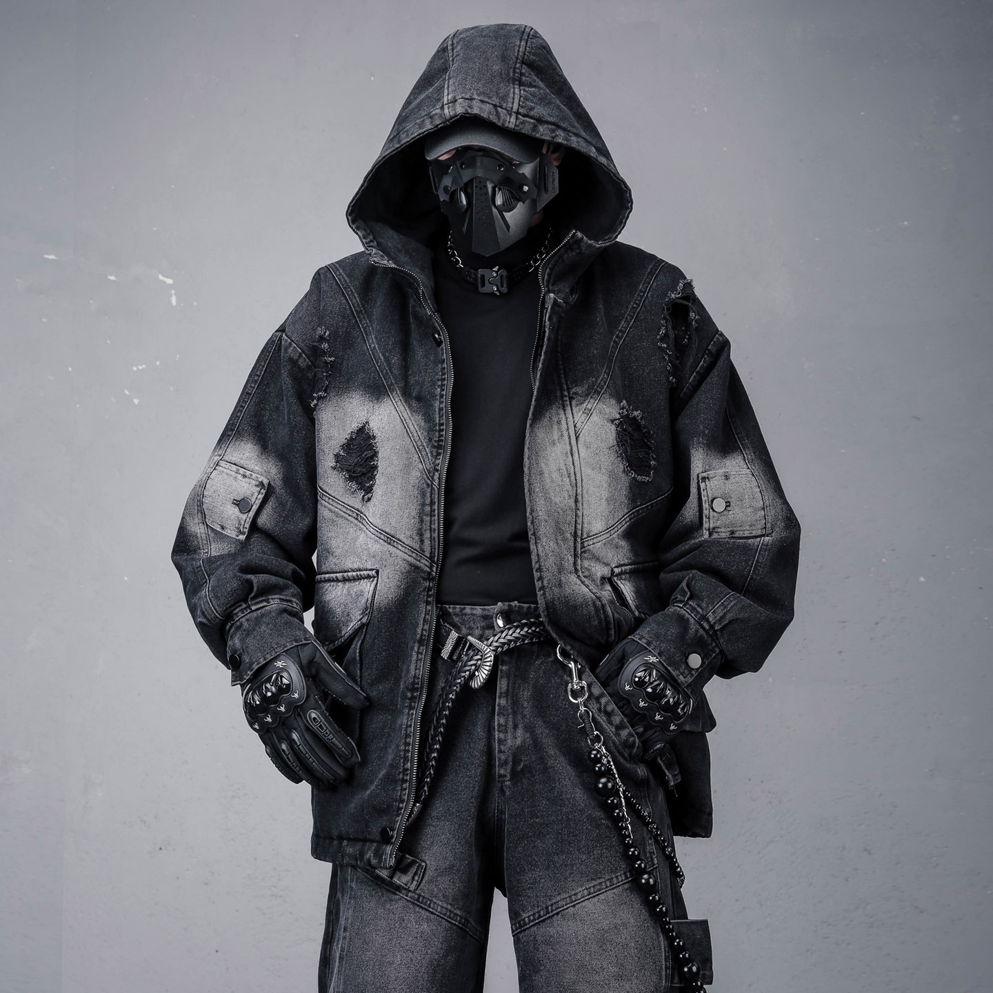 废土风重工洗水磨破加厚牛仔外套冬季美式高街中长款机能夹克棉衣