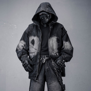 机能夹克棉衣 高街中长款 废土风重工洗水磨破加厚牛仔外套冬季 美式