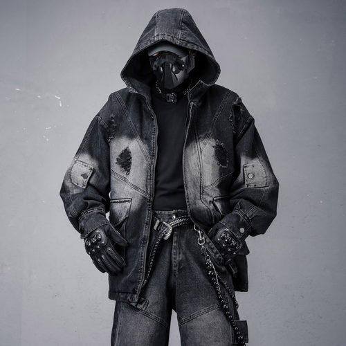 废土风重工洗水磨破加厚牛仔外套冬季美式高街中长款机能夹克棉衣