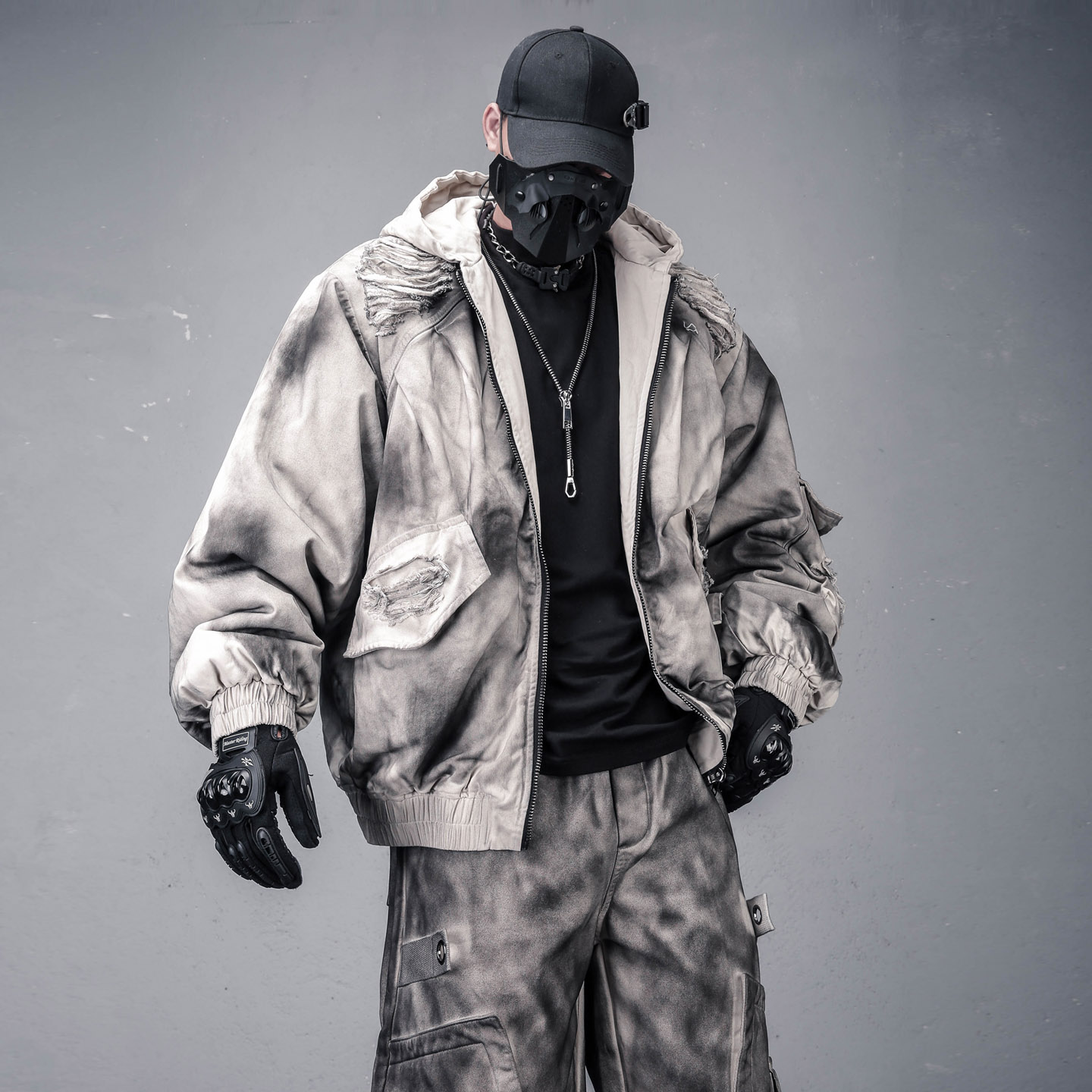 小众废土风脏染做旧割破连帽棉衣