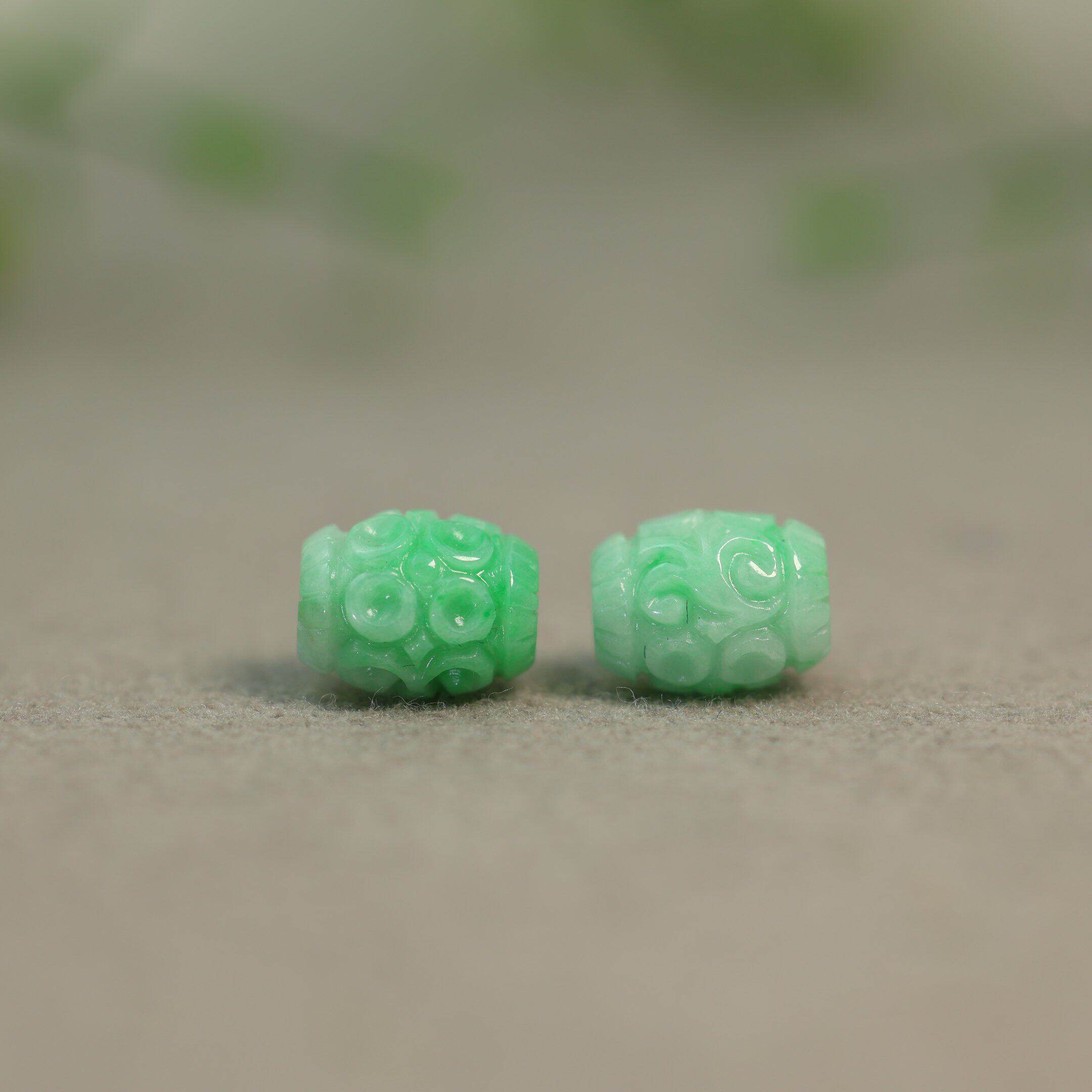 #L442 一对飘阳绿缅甸天然A货翡翠雕花桶珠腰鼓珠DIY珠串配件