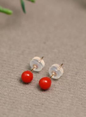 特价#D753一对18K金镶嵌深海红有机红宝珠子耳钉