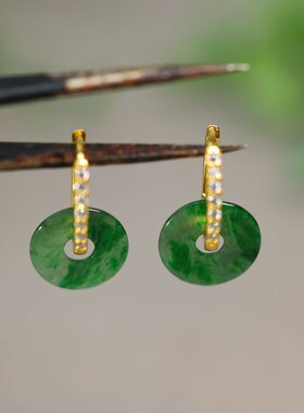 #G859 老坑冰种飘辣绿天然A货翡翠平安扣小环耳坠 S925银圈镶嵌