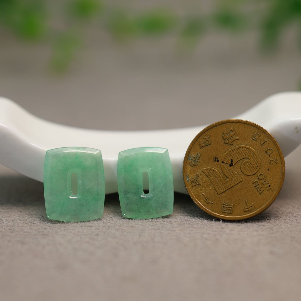 #G407一对冰种淡绿色缅甸天然A货翡翠方糖福贝耳坠花片裸石