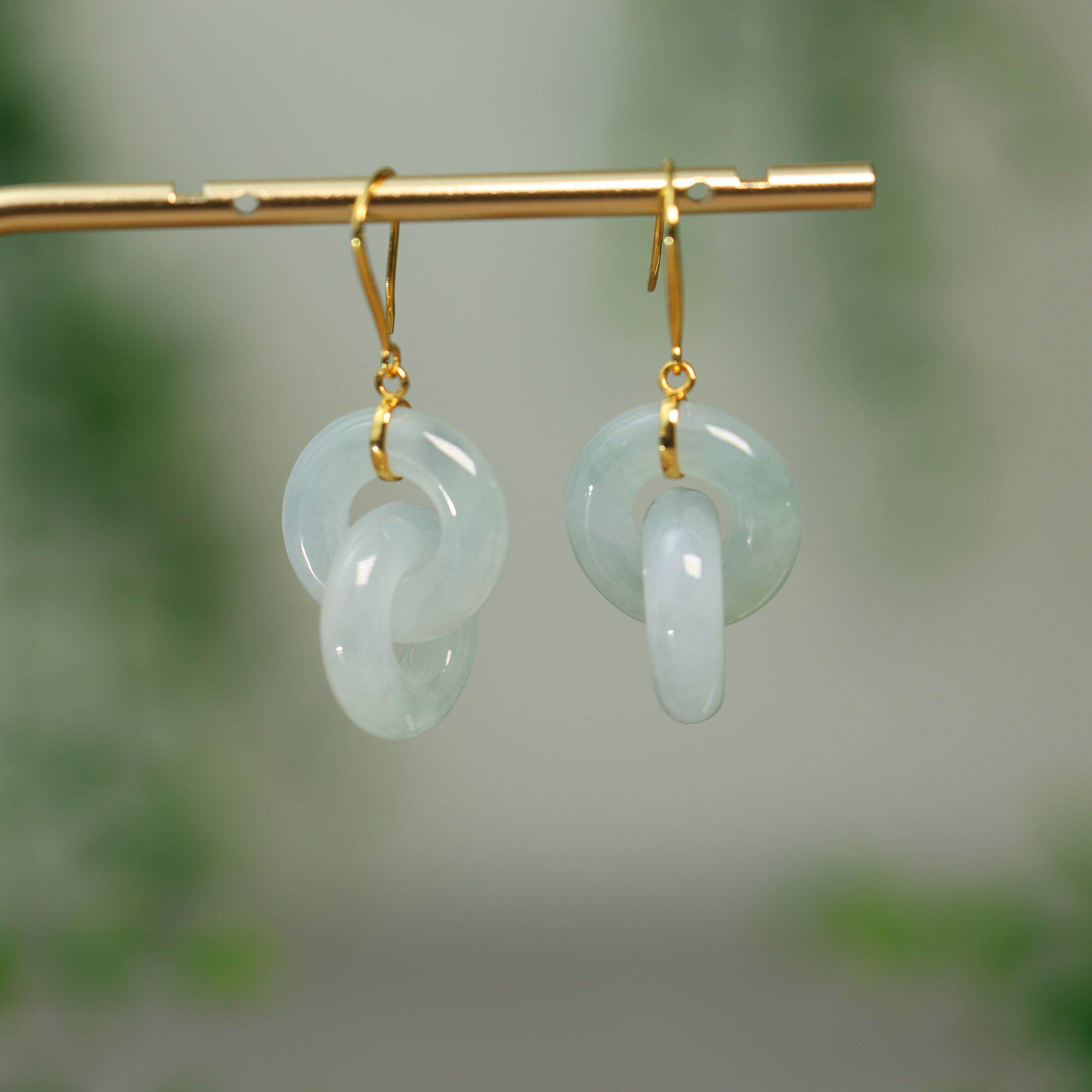 #N003 一对18k金镶冰白缅甸天然A货翡翠两连环耳坠