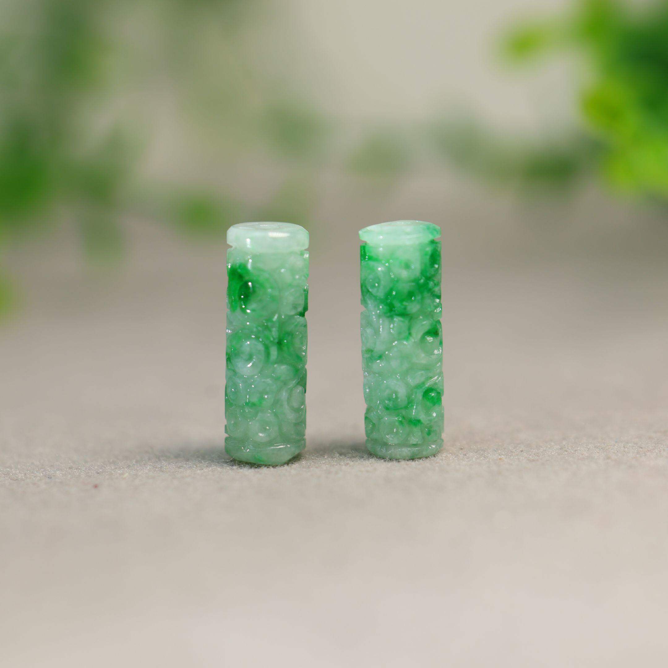 #K601一对冰种阳绿缅甸天然A货翡翠雕花路路通圆形管珠桶珠