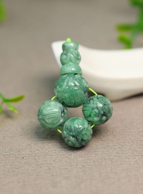 #J273满绿缅甸天然A货翡翠团寿龙纹雕花珠子三通佛头 1珠串配件