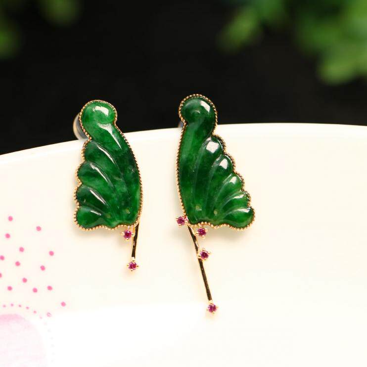 特价一对18K金镶嵌满色辣绿天然A货翡翠蝴蝶翅膀耳钉