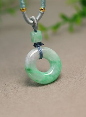 #J391冰种绿色飘紫花缅甸天然A货翡翠平安扣小环吊坠挂坠