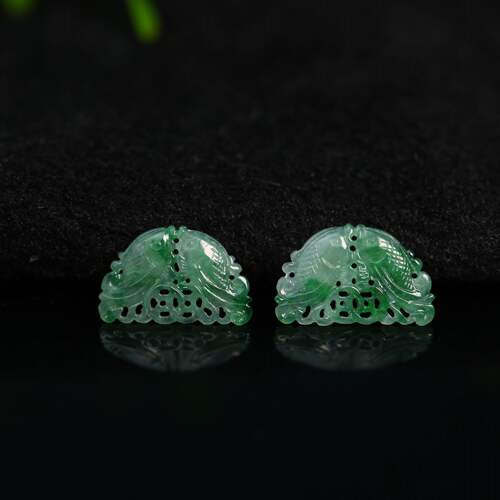 翡翠镂空古钱币双鱼耳坠花片