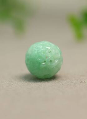 #K227糯种满绿缅甸天然A货翡翠镂空雕花珠子 16MM圆珠佛珠顶珠