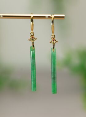 #J821 S925银加红宝石镶嵌冰种满绿缅甸天然A货翡翠复古翎管耳坠