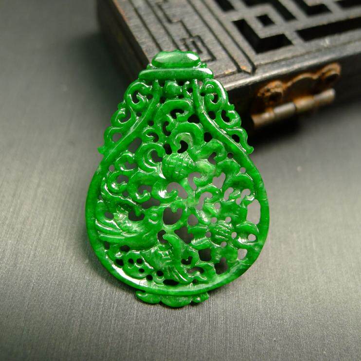 特价#0700满绿天然A货翡翠复古缕空雕喜上眉梢雕花花瓶吊坠花片