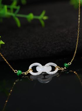 #J448 白色冰种缅甸天然A货翡翠三连环锁骨链吊坠