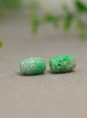 #J290一对飘阳绿缅甸天然A货翡翠雕花路路通转运珠腰鼓珠桶珠