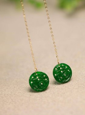 特价#C389一对18K金耳线镶嵌老坑辣绿天然A货翡翠小圆福字耳坠